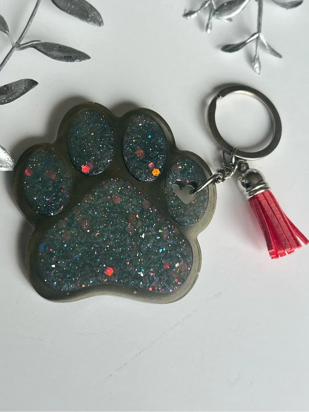 Large Coral and Grey Glitter Paw Keychain Resin - Pink Tassel